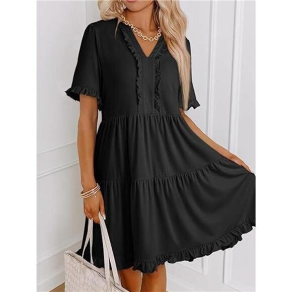 Tiered Notched Short Sleeve Mini Dress - Picture 5 of 16